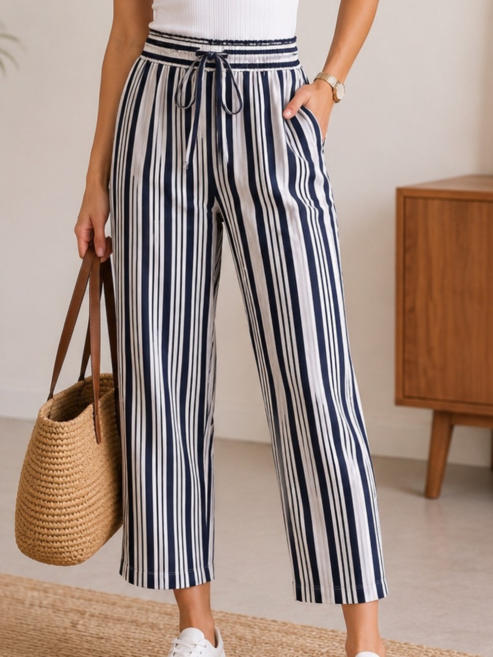 Zara high rise Navy White Striped Crop Pants Elastic Tie Waist Size S